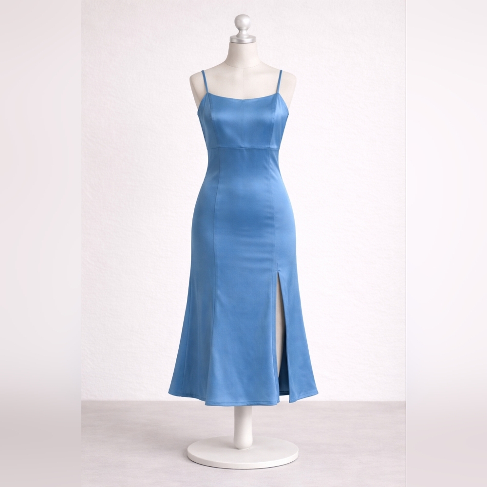 Elegant Blue Satin Midi Slip Dress with Side Slit & Adjustable Straps Large NWT